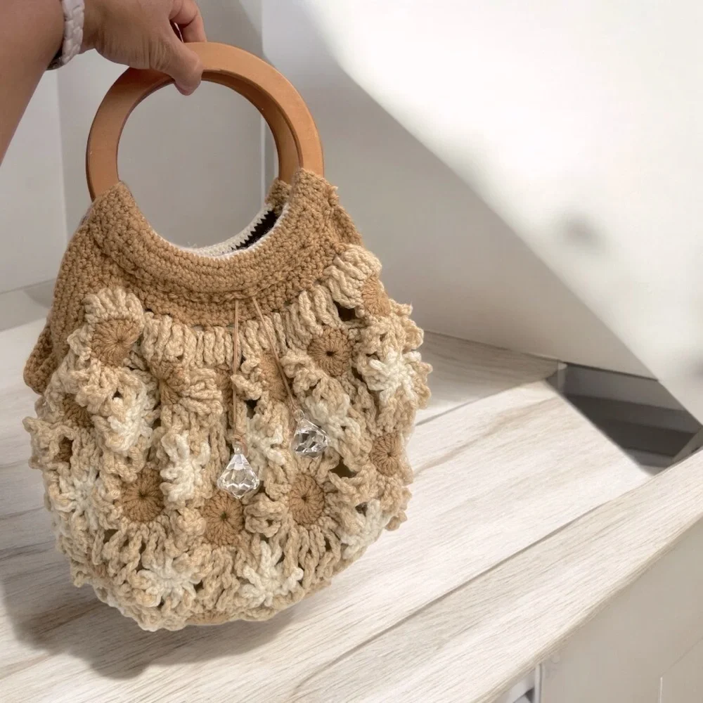 Vintage Handmade Floral Crochet Granny Style Bag, tan /cream wooden handles
